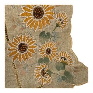 Secret Celebrity SUNFLOWER TABLE RUNNER 72” Embroidered Flower Natural Linen NWT